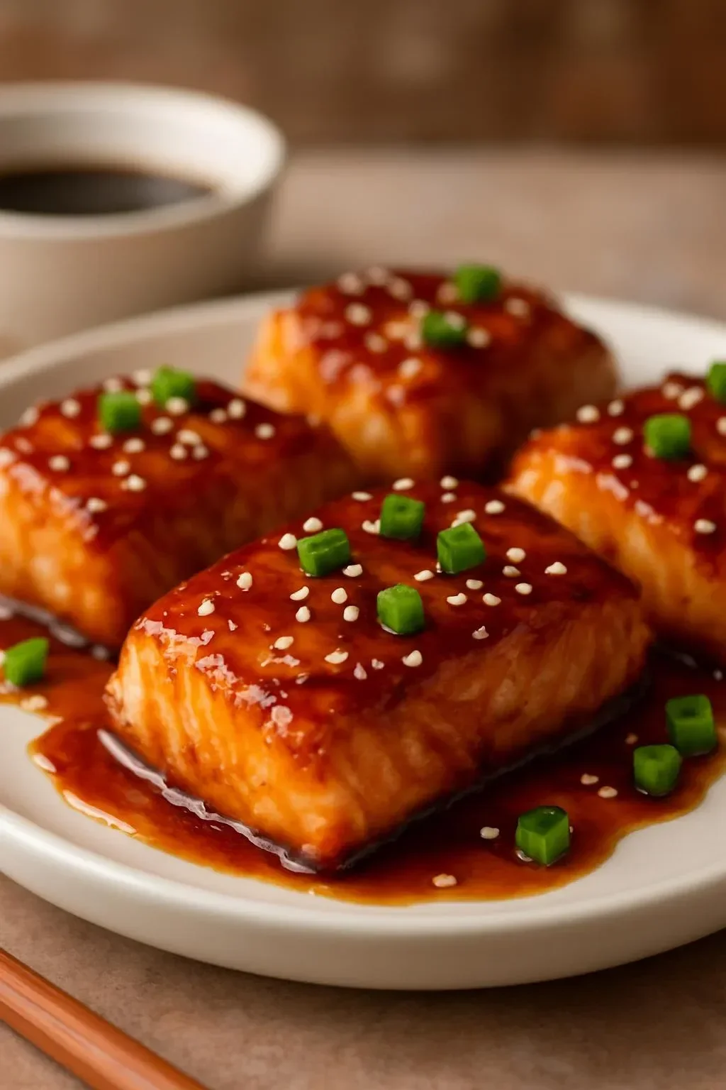 Plate of delicious Bang Bang Salmon Bites with dipping sauce