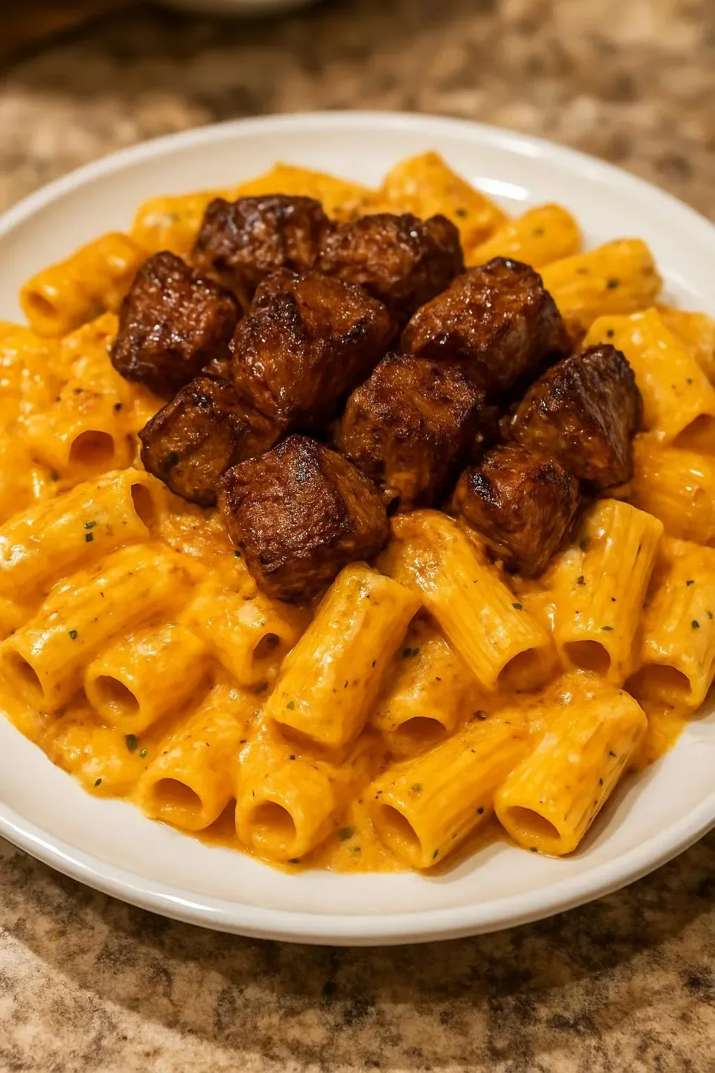 Cajun steak tips served with cheesy rigatoni and garnished with herbs