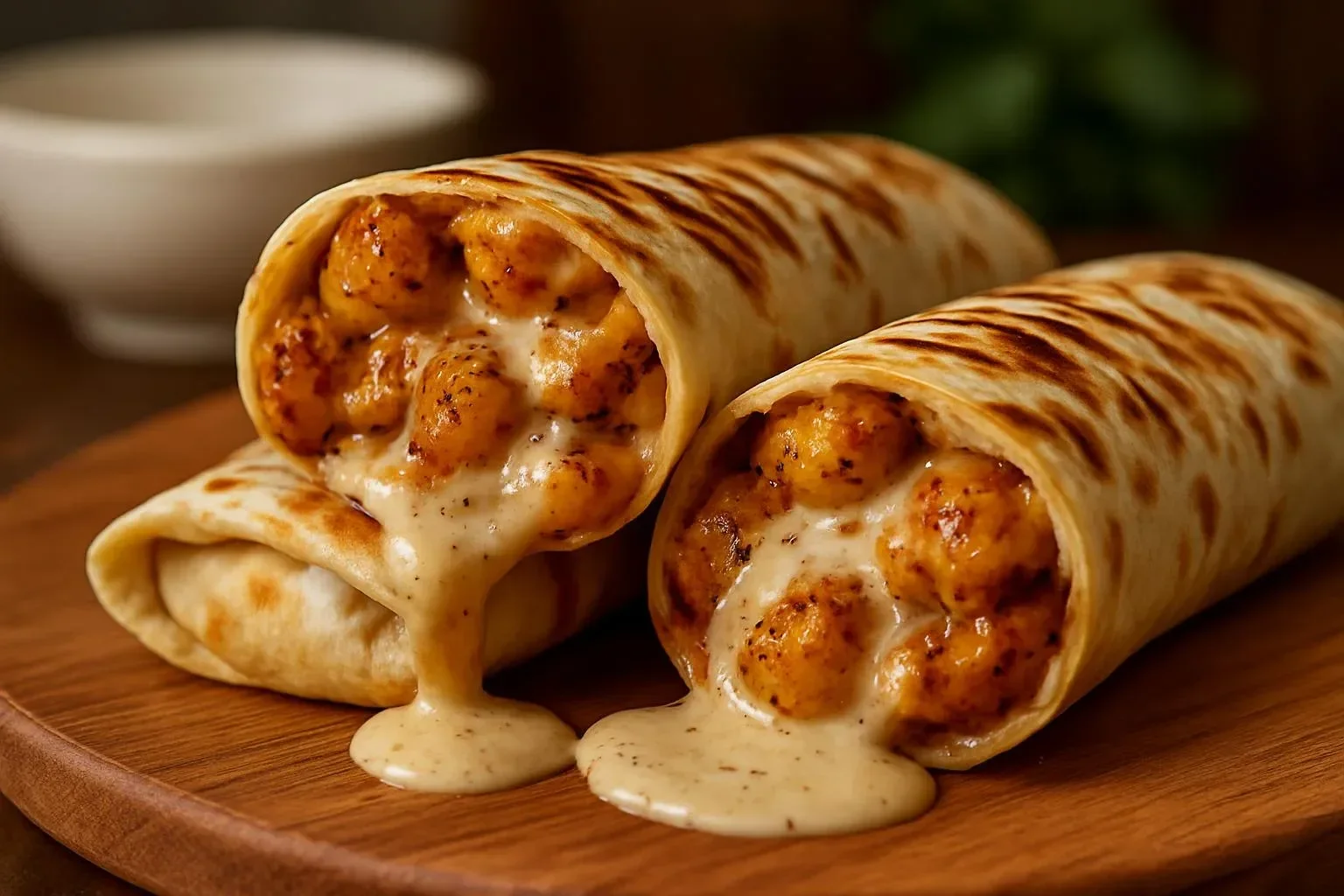 Cheesy garlic chicken wraps filled with chicken, garlic, and cheese