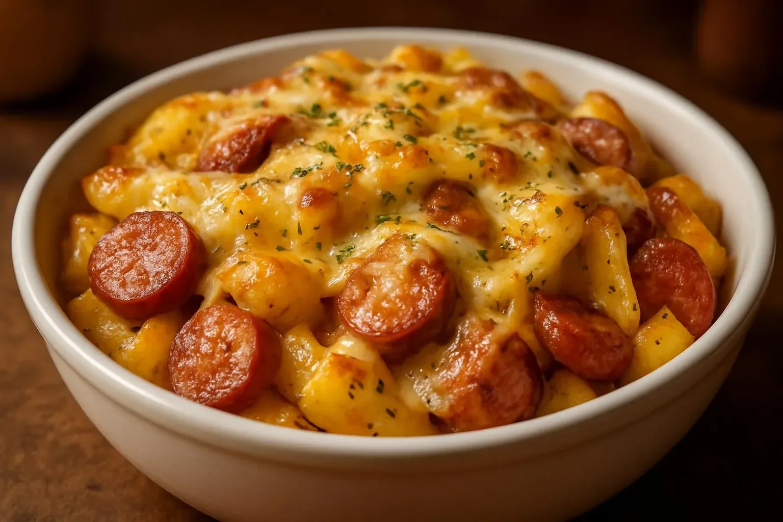 Delicious cheesy ranch potatoes with smoked sausage served on a plate