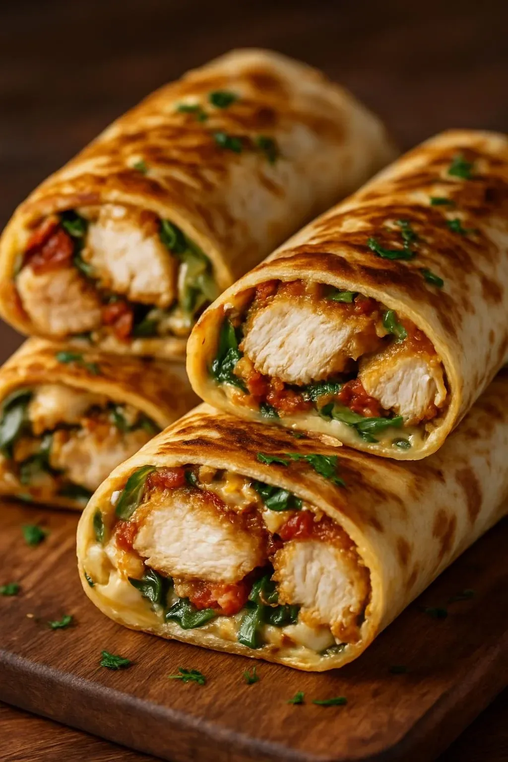 Crispy air fryer chicken and mozzarella wraps served on a plate.