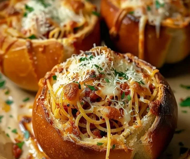 Spaghetti Garlic Bread Bowls
